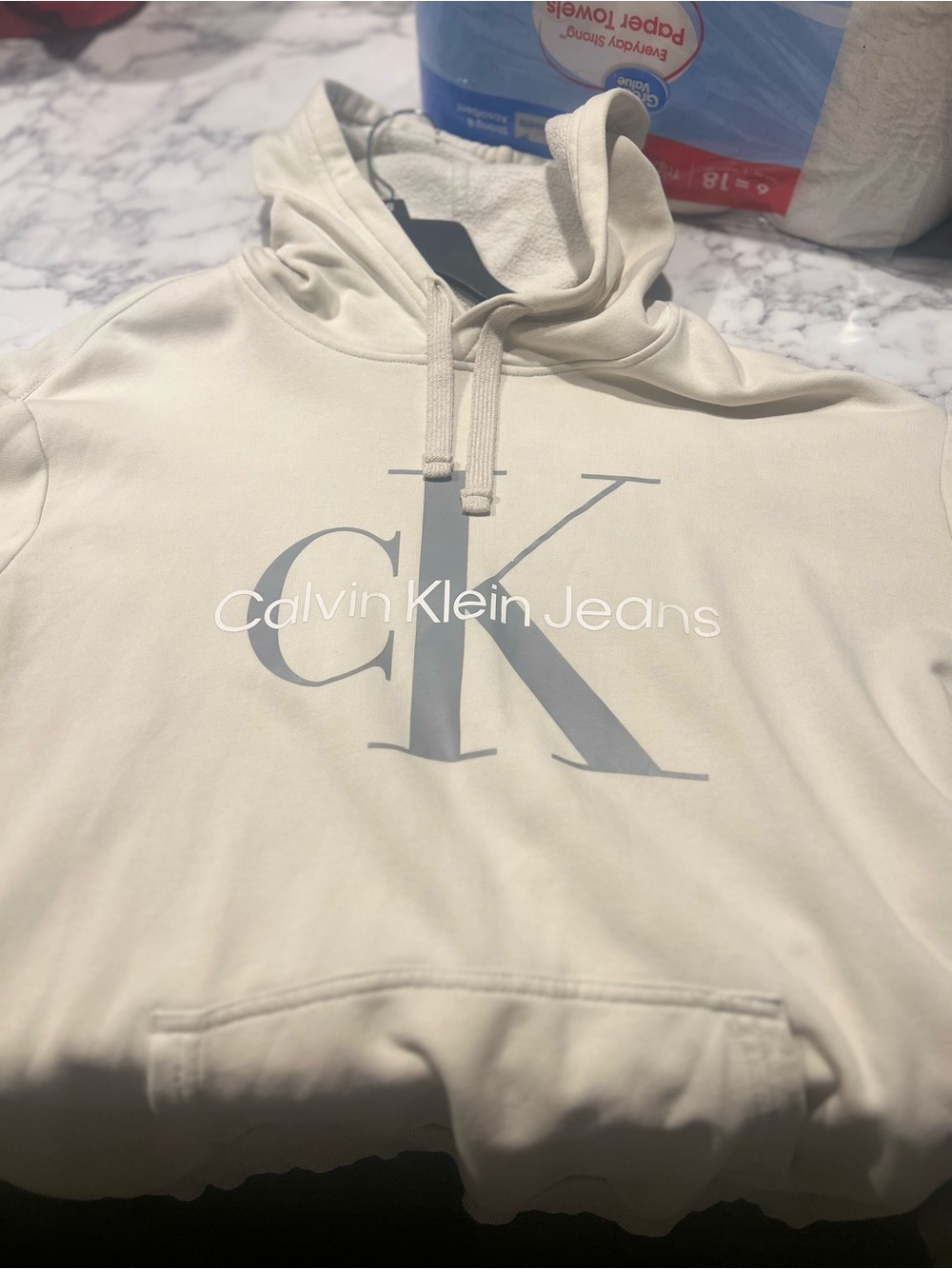 Calvin Klein Cream Logo Hoodie with Gray CK Print